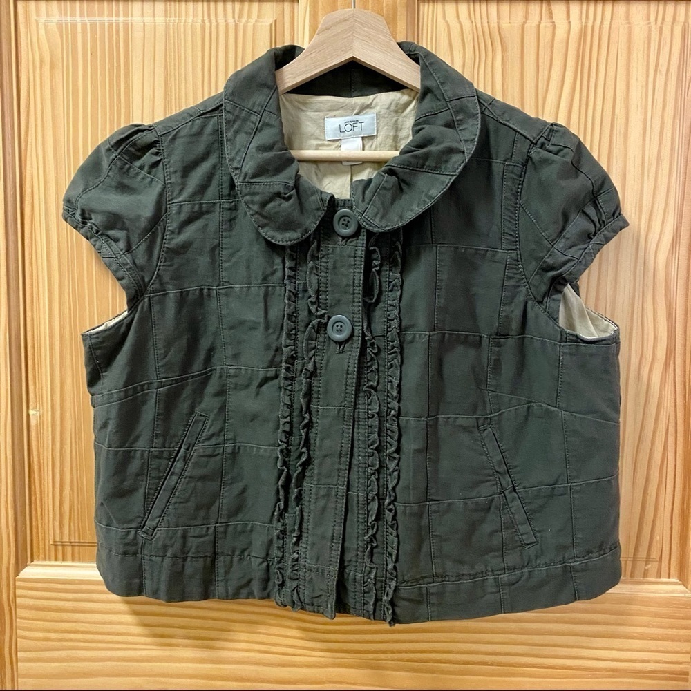 Ann Taylor Loft khaki green cap short sleeve cropped crop jacket cardigan L